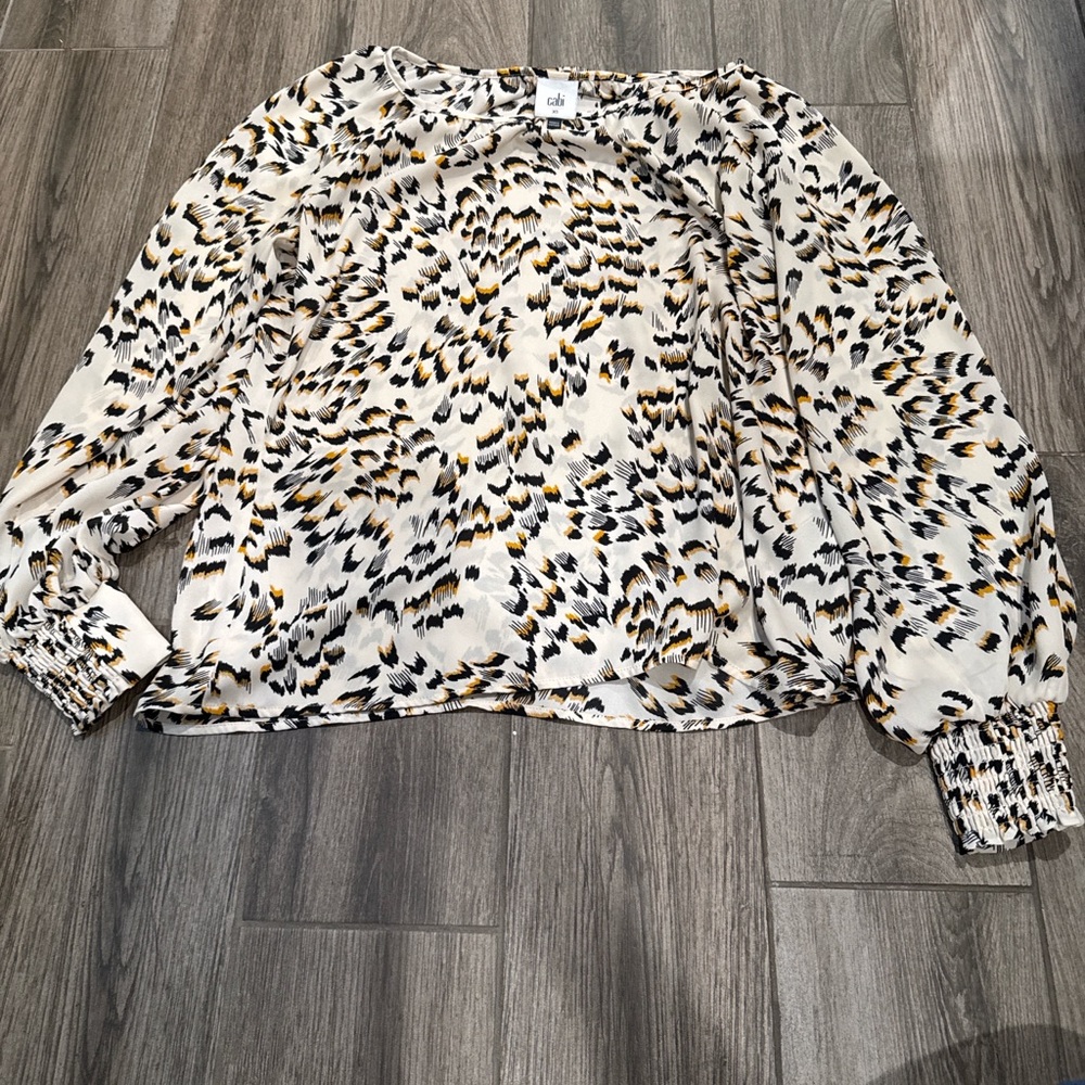 CAbi Cream Animal-Print Blouson-Sleeve Blouse with Black & Gold Accents